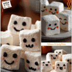 Stay Puft marshmallows decorated with spooky faces served as fun Halloween food on a party plate.